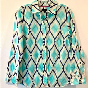Talbots Aqua/Navy/White B/F Tab Sleeve Woman's Blouse Top Semi Sheer Sz MP